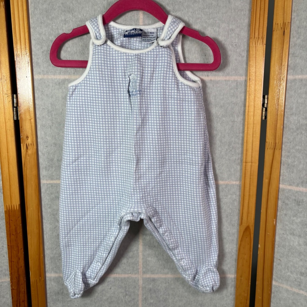 B.U.M. Baby Equipment Footed Romper 0-3M Blue Gingham Sleeveless Cotton Bear‎